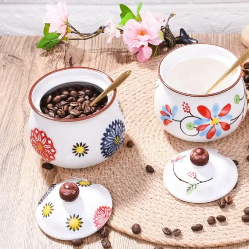 Miniatura 3 de Azucarero de cerámica con tapa y cuchara, recipiente de azúcar floral pintado a mano de 10.8 onzas para cocina, tarro de especias de porcelana HH
