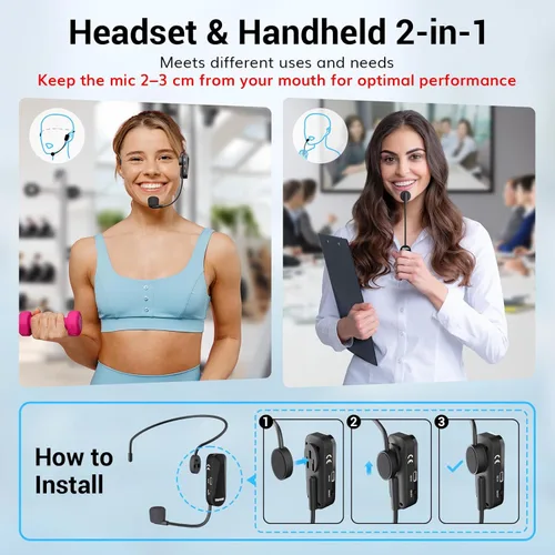 Miniatura 3 de TONOR - Auriculares inalámbricos con micrófono, sistema de auriculares con micrófono UHF, micrófono de mano y de cabeza 2 en 1, micrófono de oreja