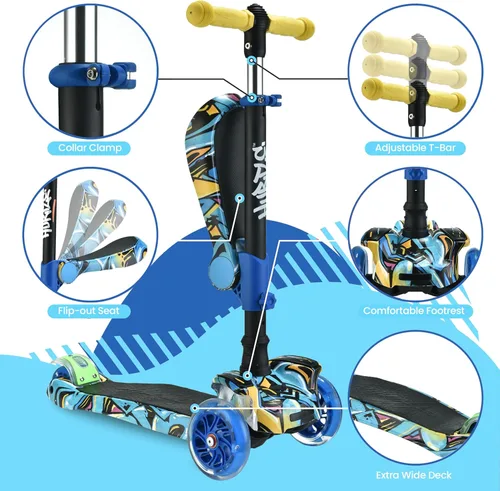 Miniatura 3 de Hurtle Patinete de 3 ruedas para niños, luces LED de ruedas, manubrio ajustable de inclinación para dirigir y asiento plegable, paseo sentado