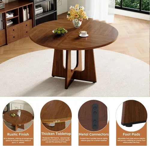 Miniatura 4 de Juego de mesa de comedor redonda de 47 pulgadas para 4, mesa de grano de madera de nogal y 4 sillas tapizadas de piel sintética negra, juego de mesa