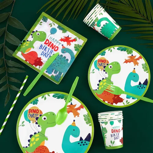Miniatura 7 de Tessco - 193 piezas de suministros para fiesta de cumpleaños de dinosaurios, incluye platos, tazas, servilletas, pancartas, cuchillos, tenedor