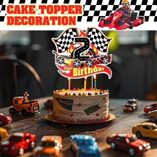 Miniatura 4 de Maitys Decoración para pastel de 2º cumpleaños con temática de auto de carreras, suministros de fiesta de cumpleaños, bandera a cuadros, decoración