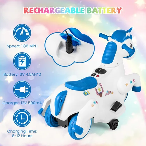 Miniatura 6 de HONEY JOY 12V Unicorn Ride en Juguetes, Caballo de Paseo Motorizado de 3 Ruedas con Batería, con Ruedas de Entrenamiento, Música, Subida y Bajada