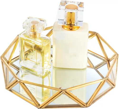 Feyarl Bandeja Pequeña de Cristal Dorado para Perfumes, Organizador de Baratijas y Joyas, Bandeja Decorativa Ornamentada para Vanidad, Cosméticos,