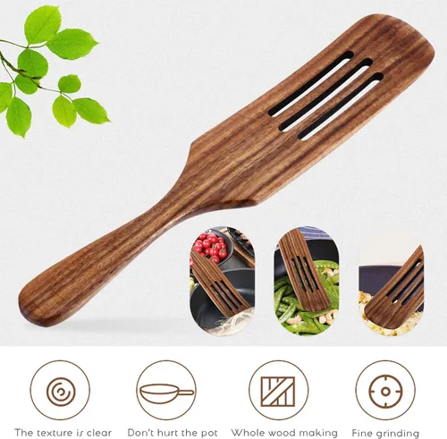 Miniatura 4 de Espátula larga de madera para cocinar, utensilios de cocina antiarañazos de 12.2 pulgadas, espátula de madera natural con mango ergonómico