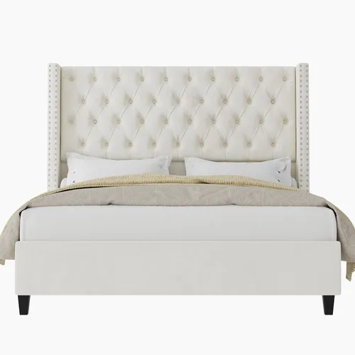 Miniatura 8 de Jocisland Base de cama tamaño Queen con cabecera de terciopelo acolchado con respaldo alado de 51.6" pulgadas, cama de plataforma tapizada moderna