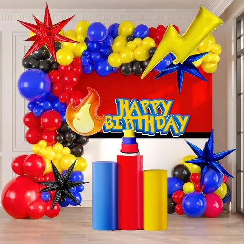 Kit de guirnalda de globos rojos, amarillos, azules y negros de 130 piezas con globos de mylar con destello de rayo de fuego Starburst para Amarillo