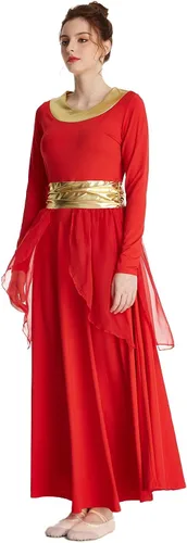 Miniatura 4 de MYRISAM Mujeres Alabanza Bata de Baile Culto Litúrgico Cintura Metálico Vestido de Manga Larga Falda de Gasa Traje Lírico
