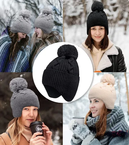 Miniatura 6 de KMOLY Gorro de punto de invierno para mujer con pompones, gorro de calavera cálido con solapas para las orejas para mujer