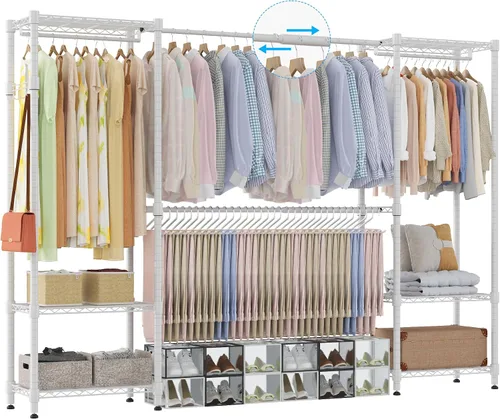 Miniatura 9 de Homdox Perchero resistente con varillas extensibles para colgar, perchero de metal ajustable para colgar ropa, armario independiente con estantes