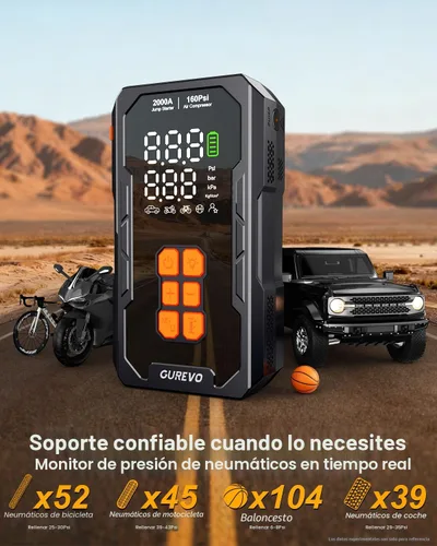 Miniatura 3 de Arrancador de 2000 A con compresor de aire, arrancador de batería de automóvil portátil con inflador de neumáticos de apagado automático de 160 PSI