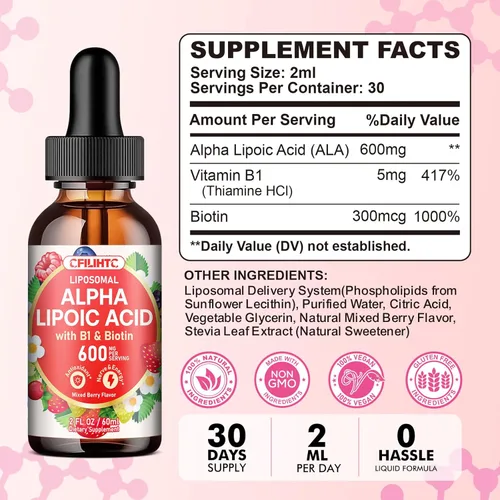 Miniatura 4 de CFILIHTC Gotas de ácido alfa lipoico liposomal de 600 mg - Suplemento líquido de ácido alfa lipoico con biotina y vitamina B1 - Apoya antioxidante