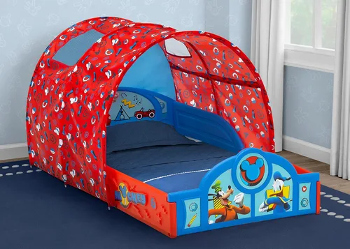 Miniatura 2 de Delta Children - Cama para dormir y jugar para niños pequeños con tienda de campaña, Mickey Mouse de Disney, Azul/Rojo