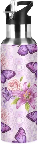 Purple Butterflies Stainless Steel Water Bottle 20 Oz, BPA-Free Sports Water Bottle Leakproof Water Bottles