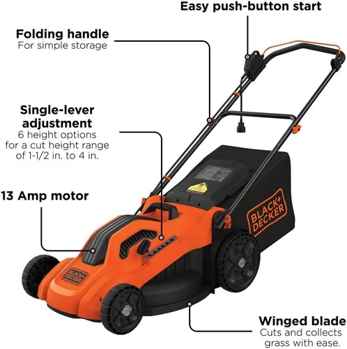 Miniatura 2 de BLACK+DECKER Cortacésped eléctrico con cable, 13 amperios, plataforma de corte de 20 pulgadas, ajuste de altura de 6 ajustes, almacenamiento