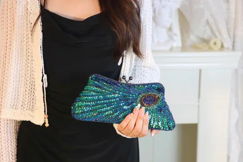 Miniatura 2 de Bolso de mano de noche de pavo real para mujer, con lentejuelas, con cuentas, cierre de beso, para cóctel, boda, fiesta de graduación