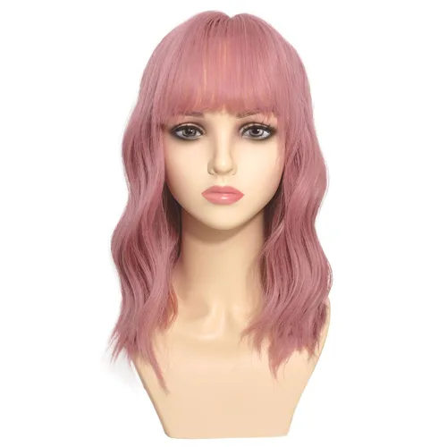 Miniatura 7 de Romantic Angels Peluca rubia ondulada con flequillo, pelucas sintéticas hasta el hombro para mujer, peluca de pelo de longitud media para mujer