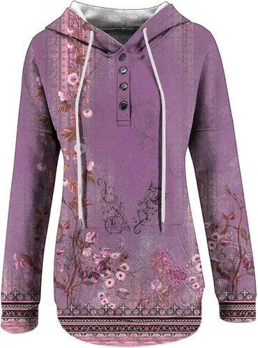 Miniatura 7 de ZDRZK Womens Fashion Long Sleeve Hoodies Graphic Design Vintage Floral Print Hooded Sweatshirt Casual Pullover Tops