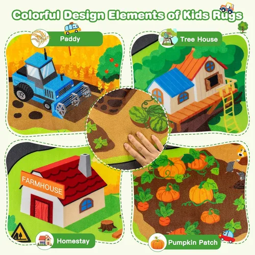 Miniatura 6 de Alfombra de juego de granja para niños, 3 x 5 pies, alfombra de juego de actividades Happy Farm, extra gruesa (0.4 pulgadas), alfombras 3-Alfombra