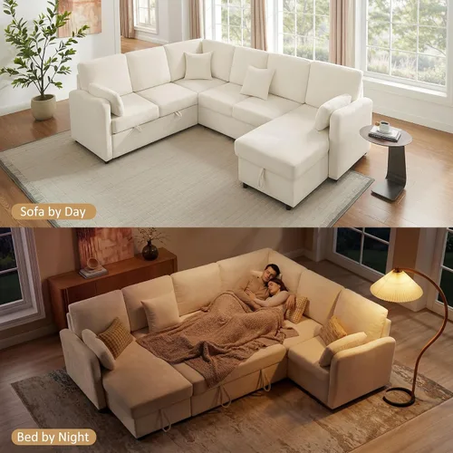 Miniatura 7 de Sofá Seccional Cama de 111 pulgadas con Cama Extraíble, Sofá Modular de 6 Asientos en Forma de U con Chaise de Almacenamiento, Sofá Seccional