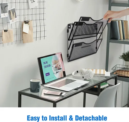 Miniatura 2 de BOHDK Organizador de archivos de pared, 3 bolsillos, organizador de correo, soporte para carpetas colgantes, plegable, para colgar o montar