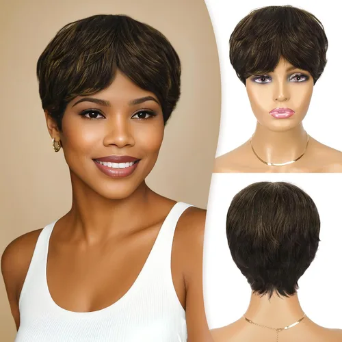 Miniatura 9 de RUWISS Peluca de cabello humano con corte Pixie, peluca de cabello humano con flequillo, peluca negra corta natural en capas, ondulada, diferentes