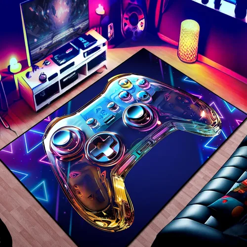 Miniatura 12 de Alfombra de área de juego para adolescentes, alfombra de 3D transparente con diseño de gamepad y controlador de juego de fondo de bomba colorida