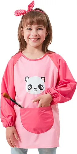 Delantales de manga larga para niños y niñas, impermeables, con bolsillos, para pintar y pintar, de 3 a 12 años Rosado