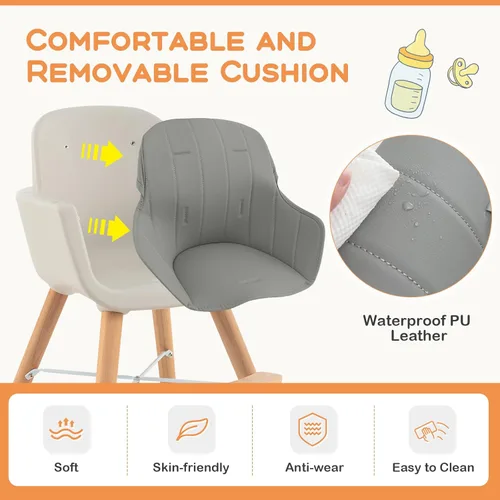 Miniatura 7 de BABY JOY Trona convertible para bebé, 3 en 1, silla alta/elevado/asiento de madera con bandeja extraíble, patas ajustables, arnés de 5 puntos, cojín
