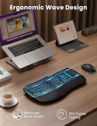Miniatura 2 de Combo ergonómico de teclado y mouse inalámbricos, teclado retroiluminado recargable de 4000 mAh con un reposamanos suave de piel de cordero