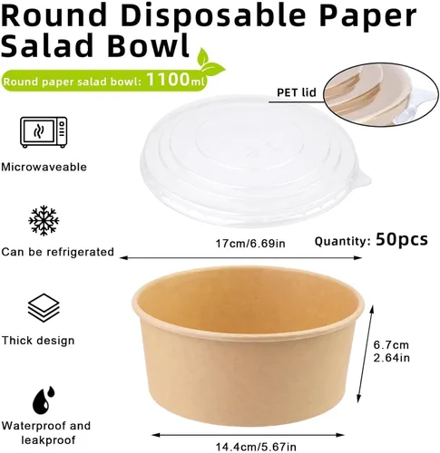 Miniatura 2 de Paquete de 50 cuencos redondos de papel kraft desechables de 37 onzas, recipientes desechables con tapas para ensalada dietética, helado, yogur