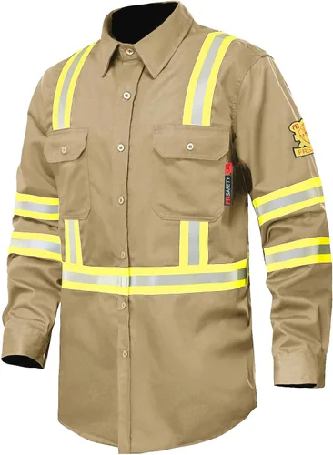 Miniatura 9 de Camisas FR para hombre, 7 onzas, de alta visibilidad, resistentes al fuego, CAT2, camisa de soldadura CAT2, 100% algodón, de alta visibilidad
