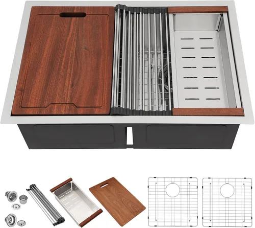 Lordear Fregadero de cocina de doble cuenco bajo encimera de 28 pulgadas - Fregadero de estación de trabajo de acero inoxidable calibre 16, 50/50,