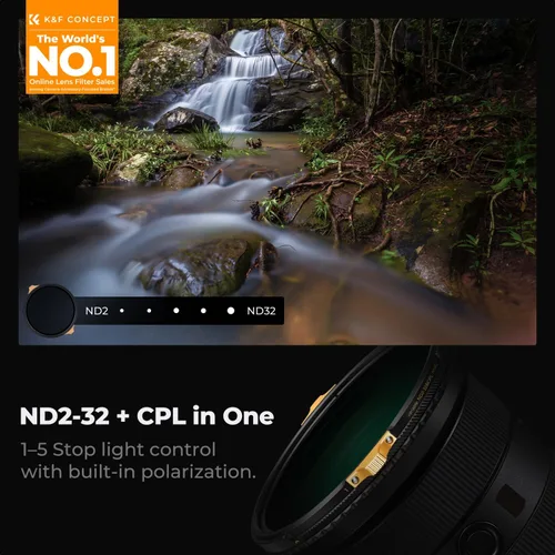 Miniatura 2 de K&F CONCEPT Filtro variable ND2-32 de 49 mm y filtro polarizador 2 en 1 para lente de cámara, resistente al agua y a los arañazos, filtro de lente