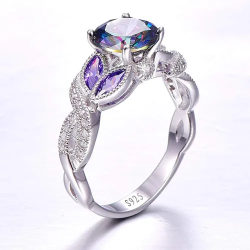 Miniatura 3 de Anillo de compromiso de plata de ley 925 de 3.6 quilates para mujer, topacio arcoíris zafiro aguamarina Anillo de compromiso para mujer