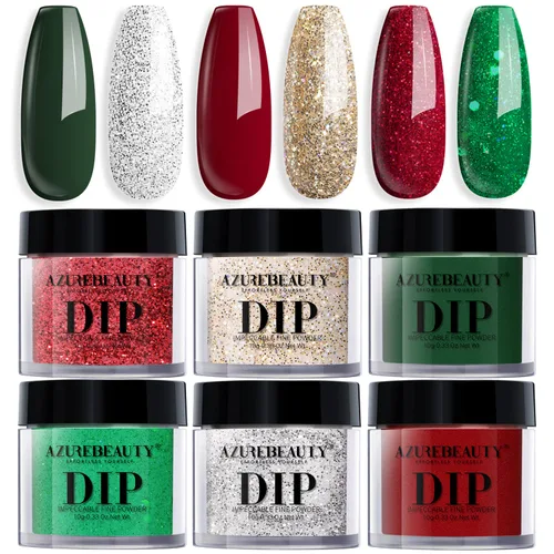 AZUREBEAUTY Juego de uñas en polvo de inmersión, 6 colores con purpurina, rojo, verde, plateado, dorado, kit de iniciación de polvo de inmersión de
