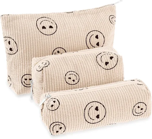 Miniatura 10 de Huhumy Juego de 3 bolsas de maquillaje para mujeres, bolsa cosmética de pana con sonrisa estética, bolsa de viaje para artículos de tocador, linda