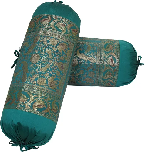 Funda de almohada rectangular de seda brocado de jacquard étnico para yoga, cilíndrico, perrito caliente, tubo verde oscuro, sala de estar,