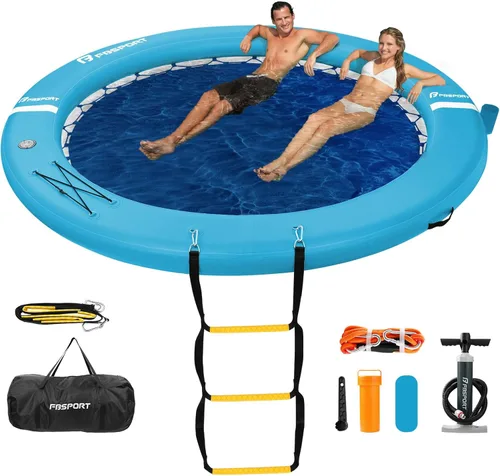Miniatura 15 de FBSPORT Hamaca inflable de agua redonda flotante, 10/8/6 pies, plataforma flotante para lago con portavasos, flotador solar, balsa fría, anillo