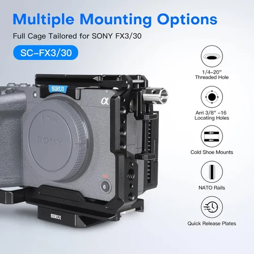 Miniatura 2 de SIRUI Jaula completa para cámara Sony FX3/FX30, compatible con mango XLR original, con abrazadera de cable HDMI, orificios roscados de 1/4"-20