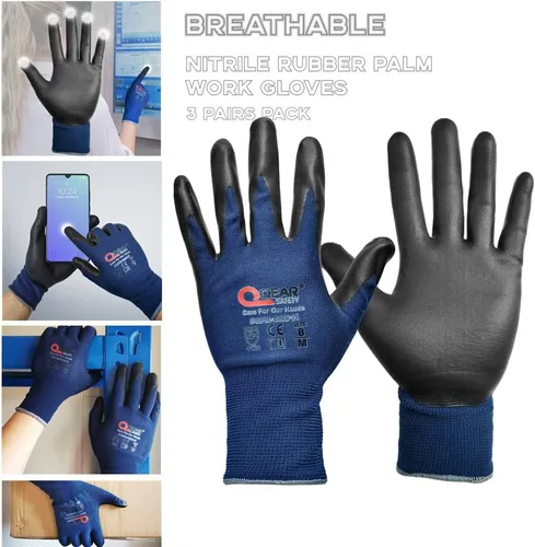 Paquete de 3 pares de guantes de seguridad de trabajo táctiles de color azul marino, espuma de nitrilo recubiertos, uso general, trabajo mecánico,