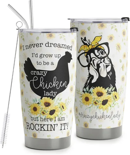 Crazy Chicken Lady Gifts – Vaso de acero inoxidable con girasol de pollo de 20 onzas para dueños de pollos – Taza de viaje de pollo para mamá,