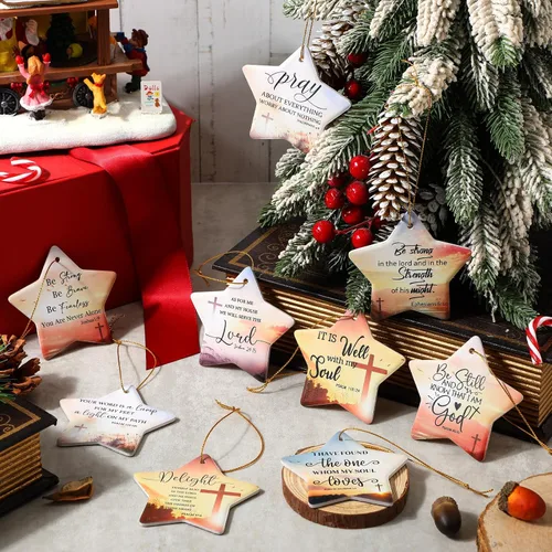 Miniatura 3 de Barydat 18 adornos de Navidad cristianos, versículo de la Biblia, adornos de cerámica para árbol de Navidad, en forma de estrella, escritura