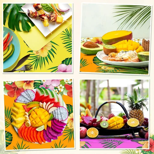 Miniatura 2 de Oudain Mantel hawaiano de 3 piezas de 84 pulgadas con hojas de palmera tropicales, flores redondas, de plástico, desechable, circular, impermeable
