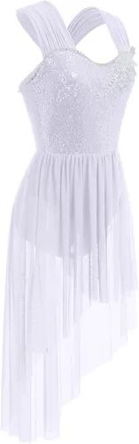 Miniatura 2 de AFAVOM Vestido de baile con lentejuelas para mujer, con tirantes cruzados, falda de malla fluida, disfraz de baile contemporáneo