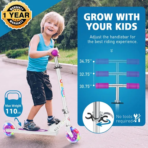 Miniatura 3 de BELEEV V1 Patinetas para niños, patineta plegable de 2 ruedas para niños y niñas, 3 alturas ajustables, ruedas iluminadas, patineta ligera