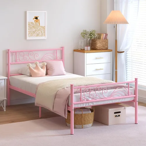 Miniatura 3 de Weehom Marco de cama individual, plataforma de metal, listones de acero resistente, almacenamiento debajo de la cama para niños, color rosa