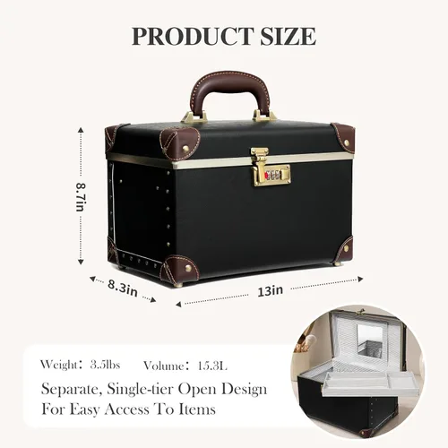Miniatura 4 de urecity Estuche de maquillaje vintage de piel artificial, organizador profesional de cosméticos con cerradura de combinación de metal, caja