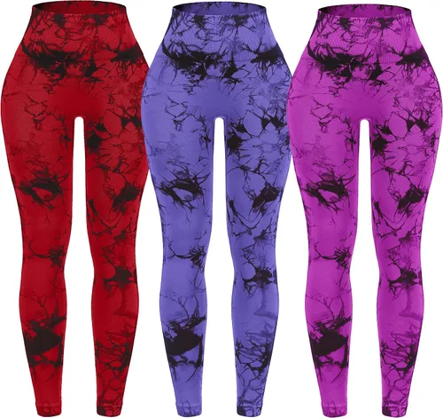 OVESPORT Paquete de 3 leggings de entrenamiento de cintura alta sin costuras con teñido anudado para mujer, pantalones deportivos para yoga,