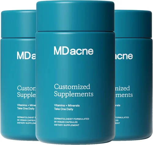 MDacne Vitaminas y minerales suplementos para limpiar la piel (paquete de 3) - 30 cápsulas veganas - Apoya el tratamiento tópico del acné y promueve